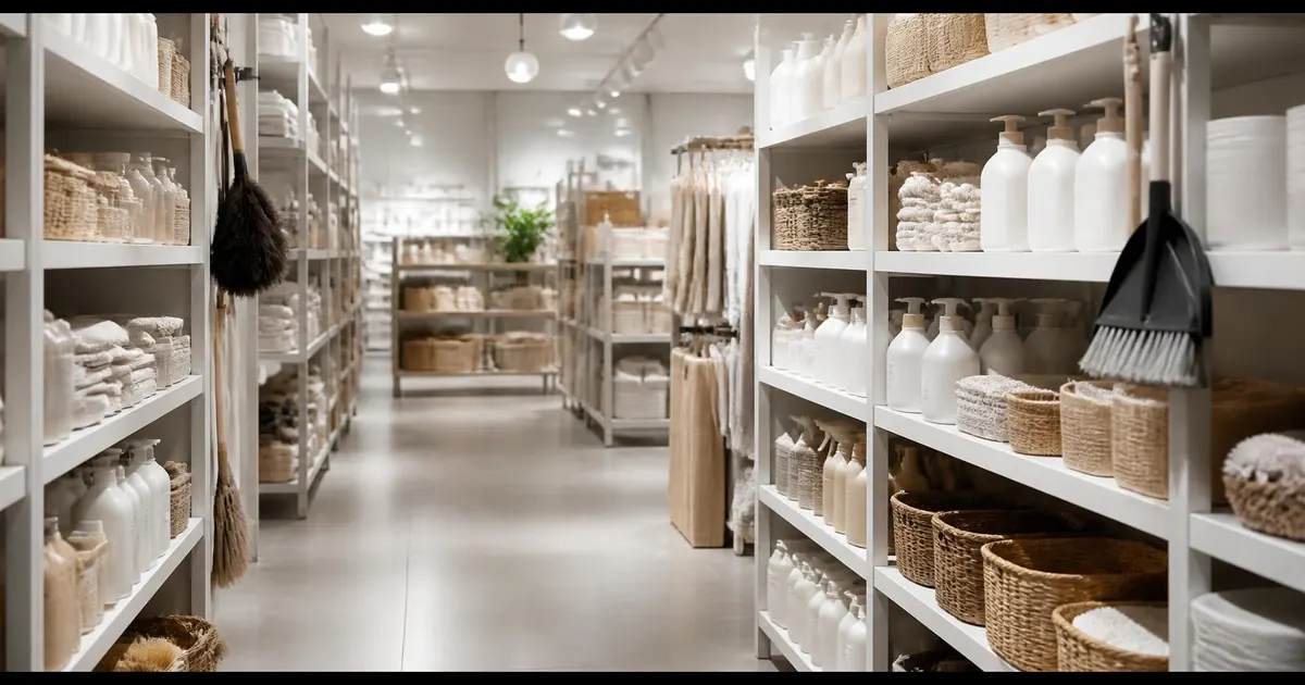 Ljus butiksgång med hyllor fulla av hushålls- och städartiklar