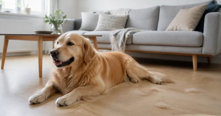 Golden retriever som ligger på ett ljust ekgolv framför en grå soffa, med lösa hårtussar på golvet