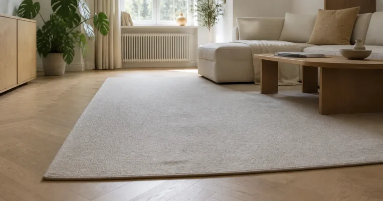 Ekparkett med beige ullmatta i ett ljust vardagsrum