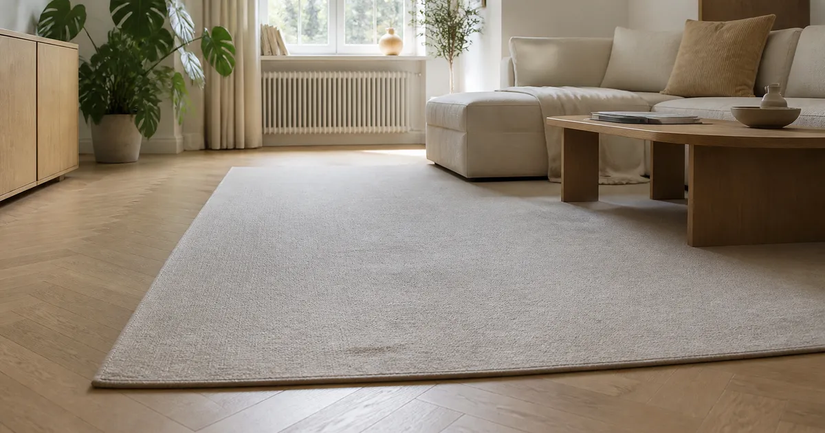 Ekparkett med beige ullmatta i ett ljust vardagsrum