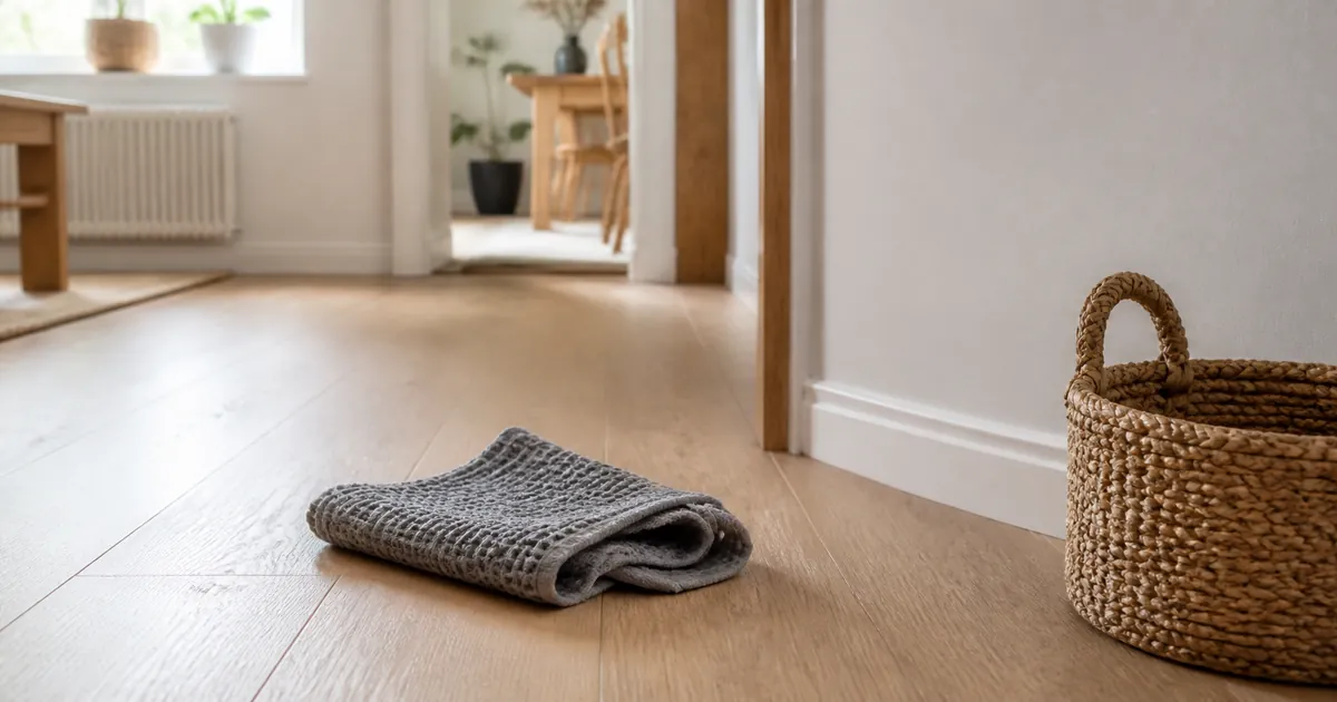 Ljust ekgolv i en hall med en vikt grå städtrasa och en flätad korg i morgonljus