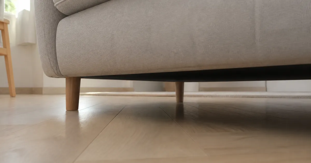Låg soffa med smala träben på ljust ekparkettgolv