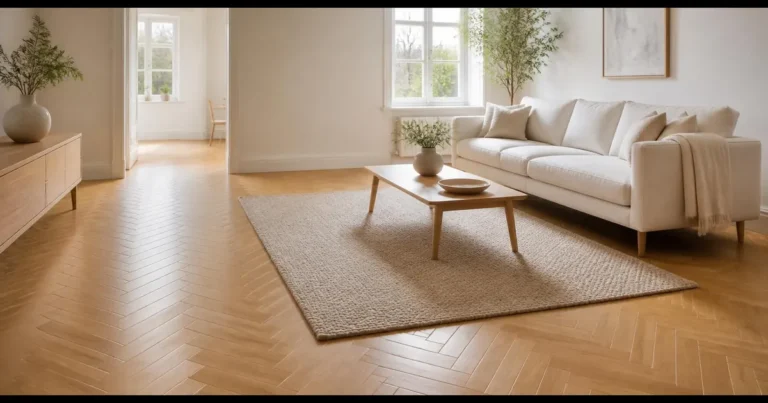 Ljust vardagsrum med parkettgolv och en matta framför soffan