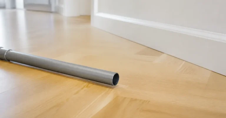 Ett grått dammsugarrör utan munstycke som ligger på ett ljust ekgolv vid en vit golvlist