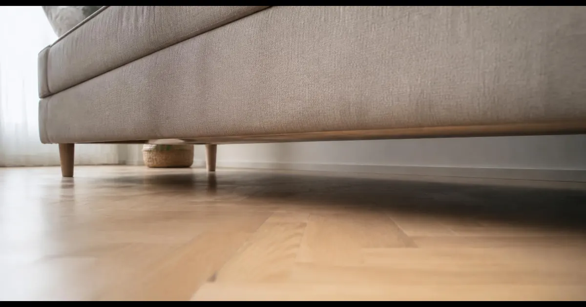 Rent parkettgolv under en låg grå soffa